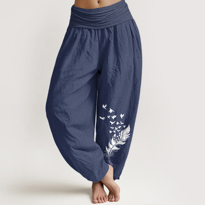 Buddha Stones Pure Cotton Vivid Bird Feather Pattern Women's Elastic Waist Harem Pants - DarkSlateBlue - US16，UK/AU20，EU48 (3XL) - image 8