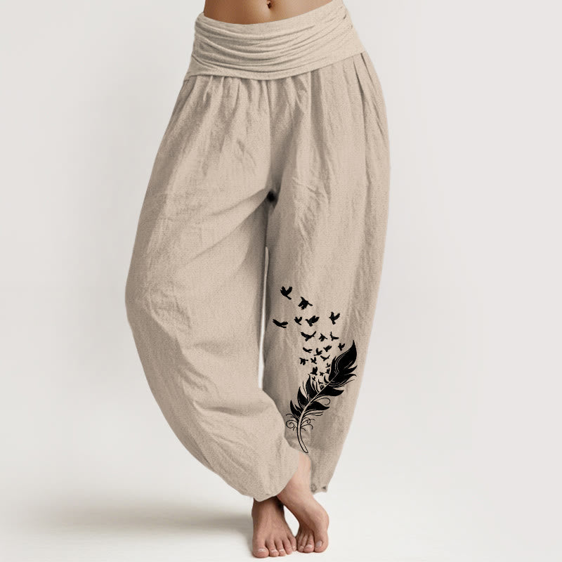 Buddha Stones Pure Cotton Vivid Bird Feather Pattern Women's Elastic Waist Harem Pants - Tan - US16，UK/AU20，EU48 (3XL) - image 11