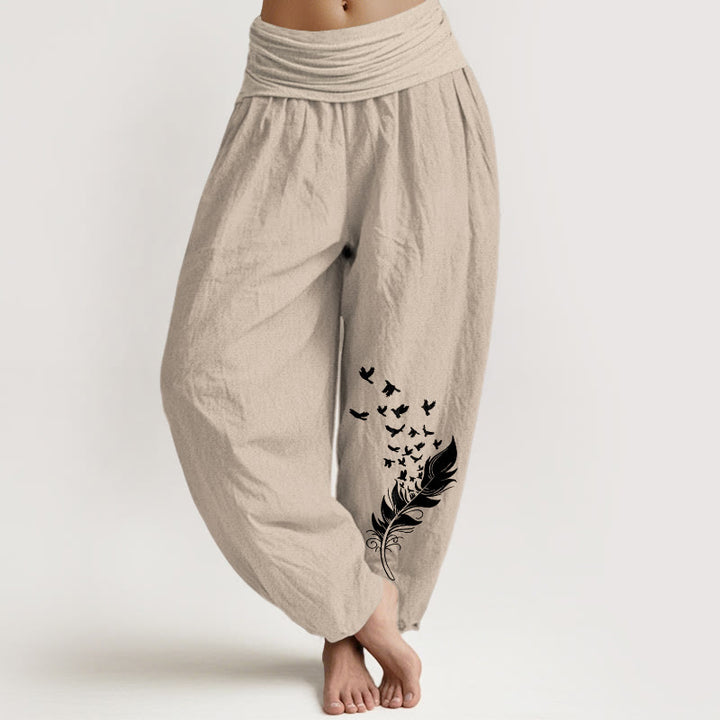 Buddha Stones Pure Cotton Vivid Bird Feather Pattern Women's Elastic Waist Harem Pants - Tan - US16，UK/AU20，EU48 (3XL) - image 11