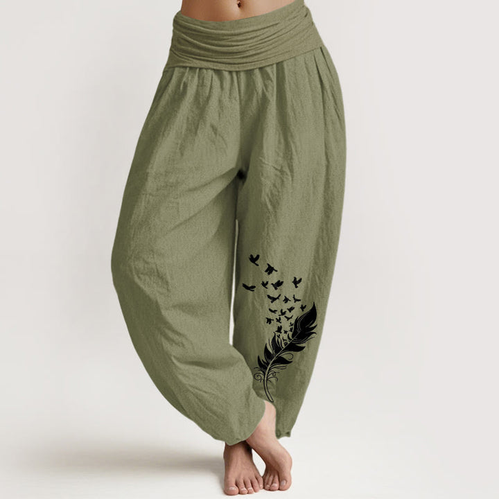 Buddha Stones Pure Cotton Vivid Bird Feather Pattern Women's Elastic Waist Harem Pants - OliveDrab - US16，UK/AU20，EU48 (3XL) - image 14