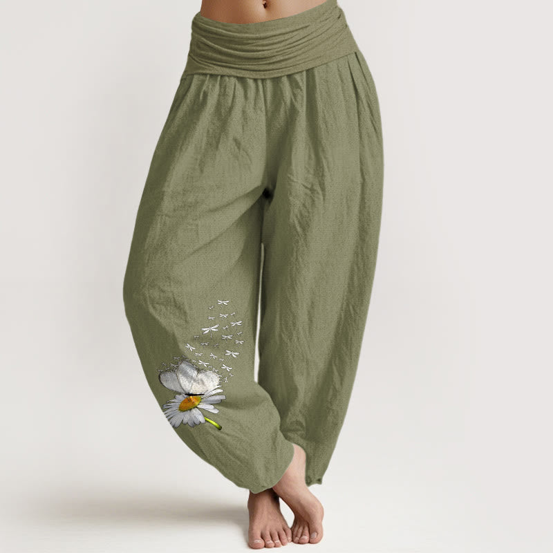 Buddha Stones Pure Cotton Elegant Daisy Butterfly Dragonfly Pattern Women's Elastic Waist Harem Pants - OliveDrab - US16，UK/AU20，EU48 (3XL) - image 0