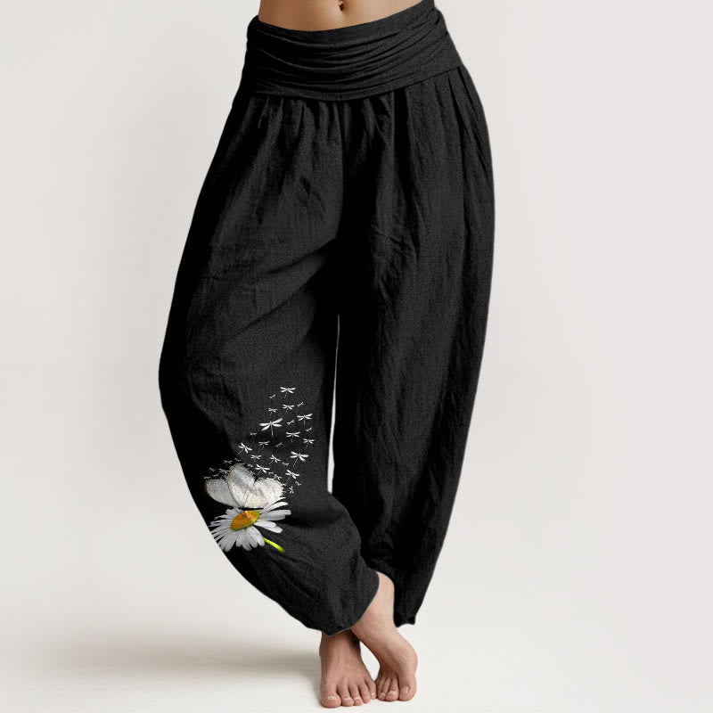 Buddha Stones Pure Cotton Elegant Daisy Butterfly Dragonfly Pattern Women's Elastic Waist Harem Pants - Black - US16，UK/AU20，EU48 (3XL) - image 5