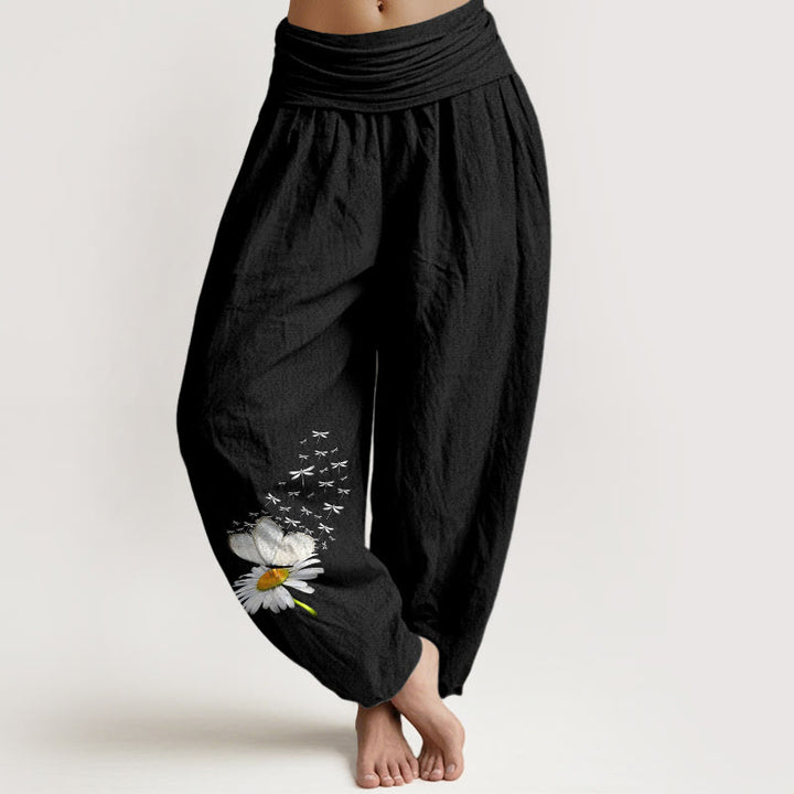 Buddha Stones Pure Cotton Elegant Daisy Butterfly Dragonfly Pattern Women's Elastic Waist Harem Pants - Black - US16，UK/AU20，EU48 (3XL) - image 5