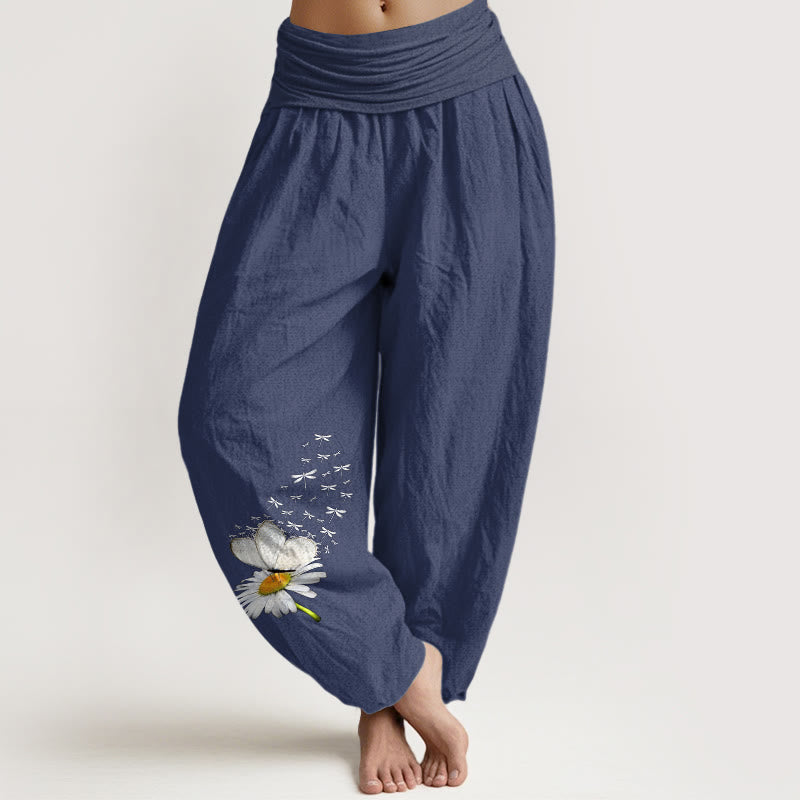 Buddha Stones Pure Cotton Elegant Daisy Butterfly Dragonfly Pattern Women's Elastic Waist Harem Pants - DarkSlateBlue - US16，UK/AU20，EU48 (3XL) - image 8