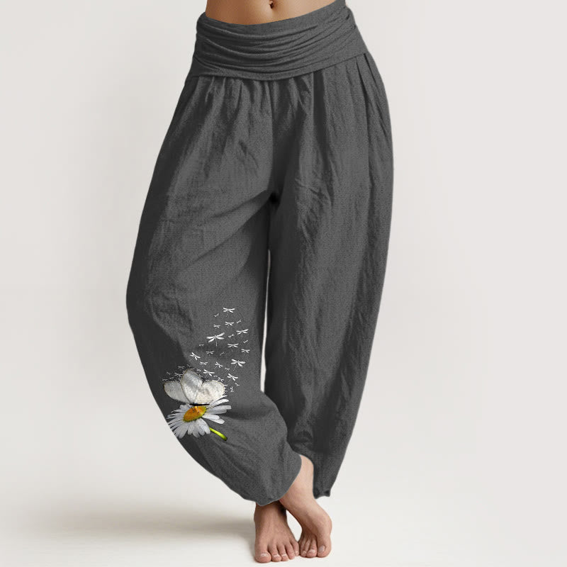 Buddha Stones Pure Cotton Elegant Daisy Butterfly Dragonfly Pattern Women's Elastic Waist Harem Pants - DimGray - US16，UK/AU20，EU48 (3XL) - image 11