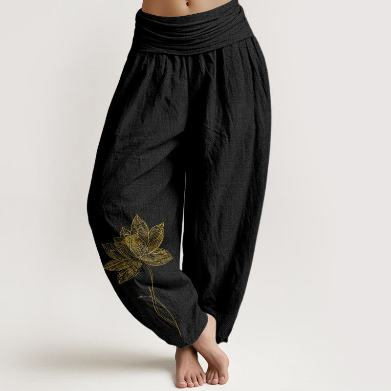 Buddha Stones Pure Cotton Elegant Lotus Flower Pattern Women's Elastic Waist Harem Pants - Black - US16，UK/AU20，EU48 (3XL) - image 0