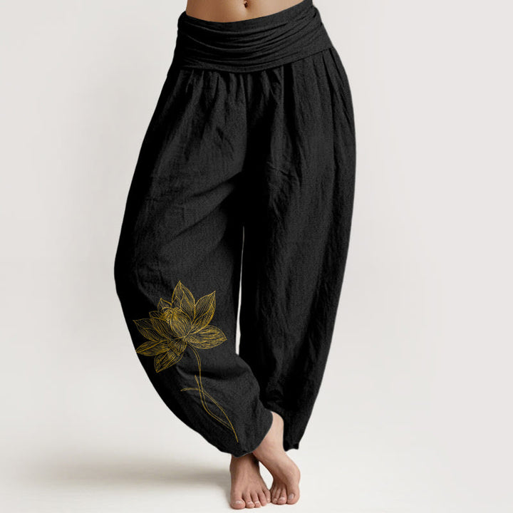 Buddha Stones Pure Cotton Elegant Lotus Flower Pattern Women's Elastic Waist Harem Pants - Black - US16，UK/AU20，EU48 (3XL) - image 0
