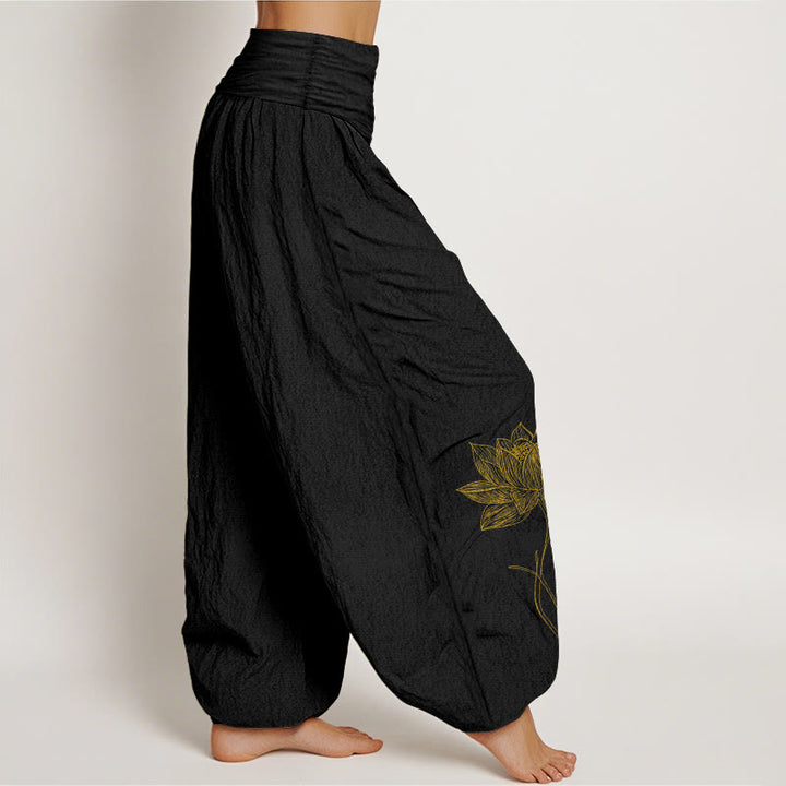 Buddha Stones Pure Cotton Elegant Lotus Flower Pattern Women's Elastic Waist Harem Pants - image 2