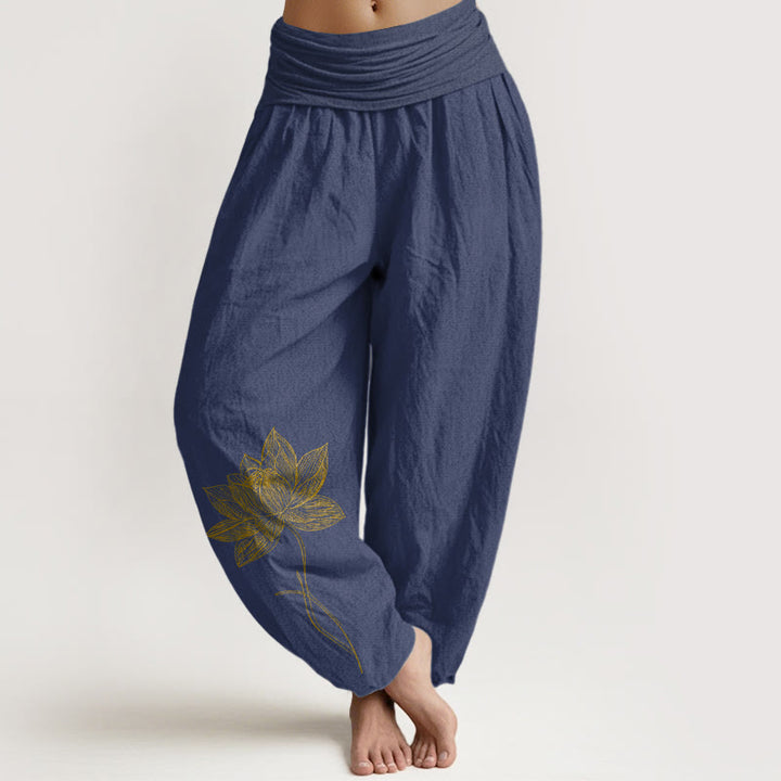 Buddha Stones Pure Cotton Elegant Lotus Flower Pattern Women's Elastic Waist Harem Pants - DarkSlateBlue - US16，UK/AU20，EU48 (3XL) - image 5