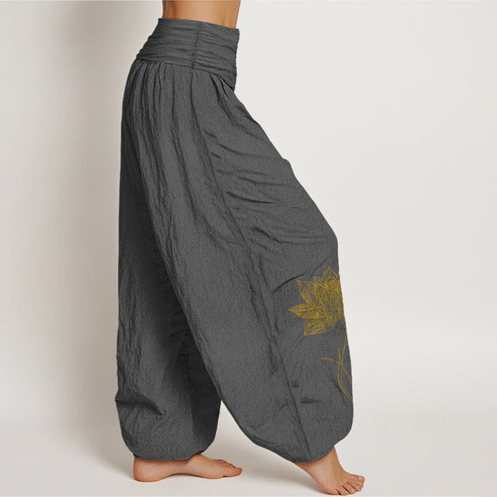 Buddha Stones Pure Cotton Elegant Lotus Flower Pattern Women's Elastic Waist Harem Pants - image 10