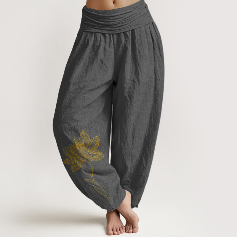Buddha Stones Pure Cotton Elegant Lotus Flower Pattern Women's Elastic Waist Harem Pants - DimGray - US16，UK/AU20，EU48 (3XL) - image 8
