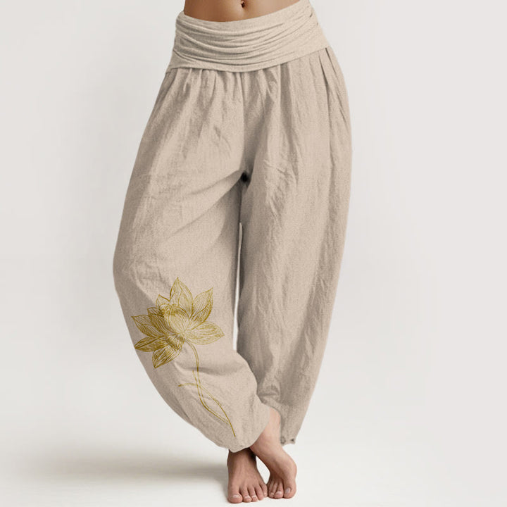 Buddha Stones Pure Cotton Elegant Lotus Flower Pattern Women's Elastic Waist Harem Pants - Tan - US16，UK/AU20，EU48 (3XL) - image 11