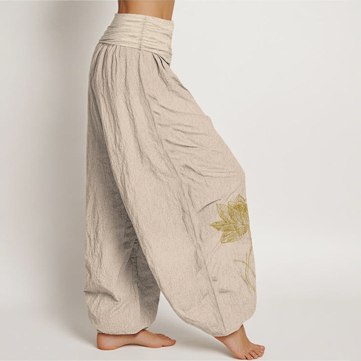 Buddha Stones Pure Cotton Elegant Lotus Flower Pattern Women's Elastic Waist Harem Pants - image 13