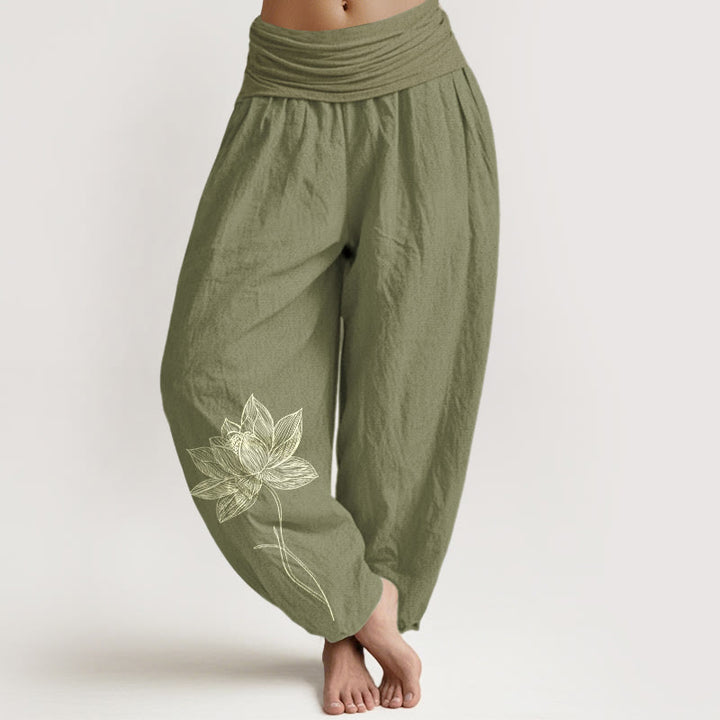 Buddha Stones Pure Cotton Elegant Lotus Flower Pattern Women's Elastic Waist Harem Pants - OliveDrab - US16，UK/AU20，EU48 (3XL) - image 14