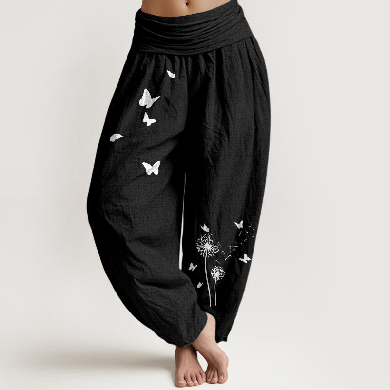 Buddha Stones Pure Cotton Elegant Butterfly Dandelion Pattern Women's Elastic Waist Harem Pants - Black - US16，UK/AU20，EU48 (3XL) - image 0