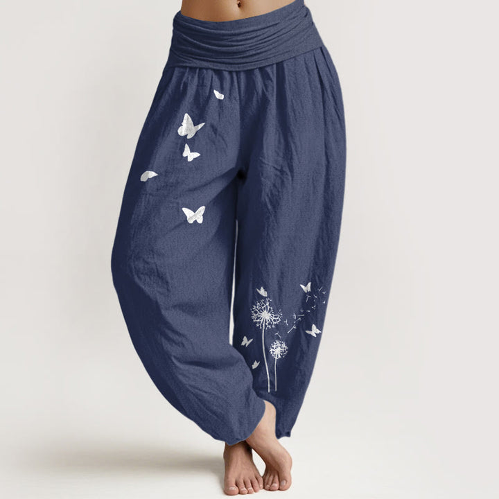 Buddha Stones Pure Cotton Elegant Butterfly Dandelion Pattern Women's Elastic Waist Harem Pants - DarkSlateBlue - US16，UK/AU20，EU48 (3XL) - image 5