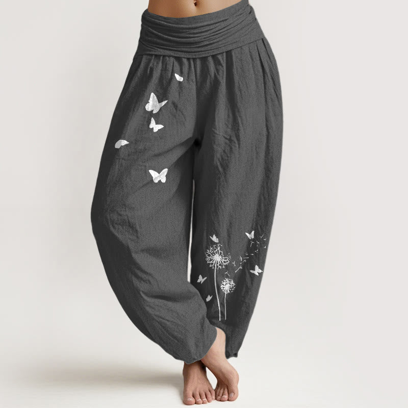 Buddha Stones Pure Cotton Elegant Butterfly Dandelion Pattern Women's Elastic Waist Harem Pants - DimGray - US16，UK/AU20，EU48 (3XL) - image 8
