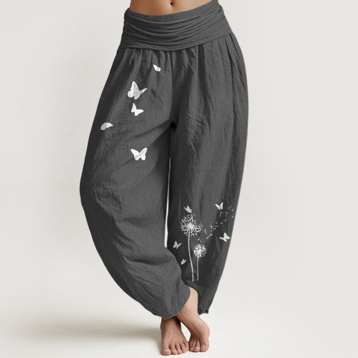 Buddha Stones Pure Cotton Elegant Butterfly Dandelion Pattern Women's Elastic Waist Harem Pants - DimGray - US16，UK/AU20，EU48 (3XL) - image 8
