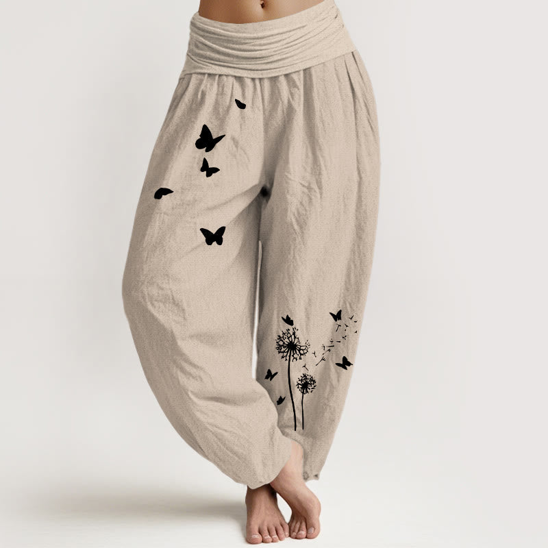Buddha Stones Pure Cotton Elegant Butterfly Dandelion Pattern Women's Elastic Waist Harem Pants - Tan - US16，UK/AU20，EU48 (3XL) - image 11