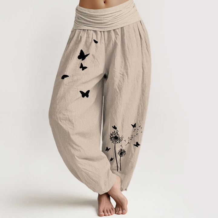 Buddha Stones Pure Cotton Elegant Butterfly Dandelion Pattern Women's Elastic Waist Harem Pants - Tan - US16，UK/AU20，EU48 (3XL) - image 11