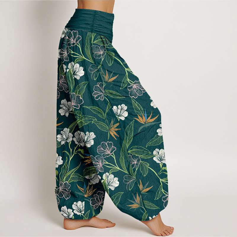 Buddha Stones Cotton Contrasting Colors Flower Leaf Pattern Women's Elastic Waist Harem Pants - image 2