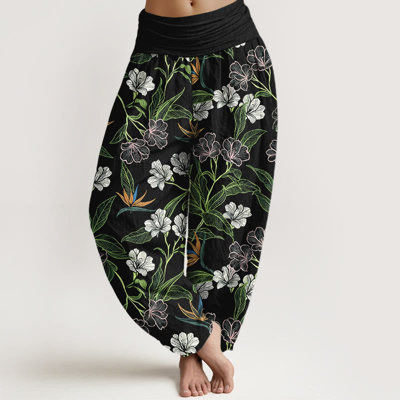 Buddha Stones Cotton Contrasting Colors Flower Leaf Pattern Women's Elastic Waist Harem Pants - Black - US16，UK/AU20，EU48 (3XL) - image 5
