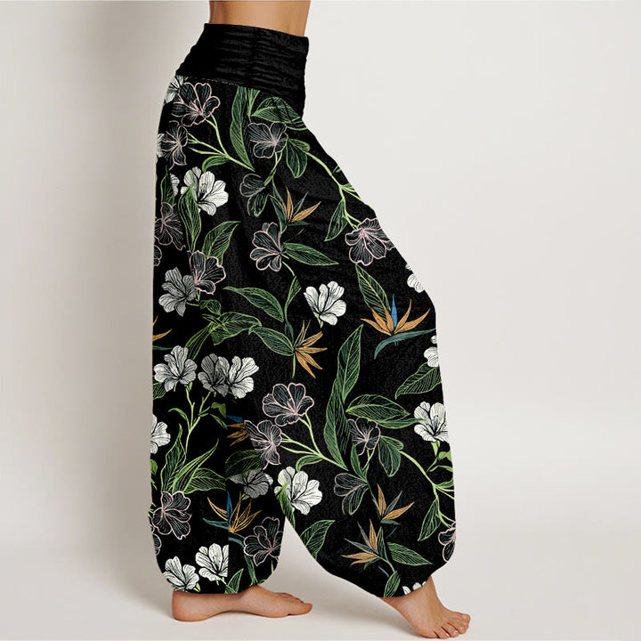 Buddha Stones Cotton Contrasting Colors Flower Leaf Pattern Women's Elastic Waist Harem Pants - image 7