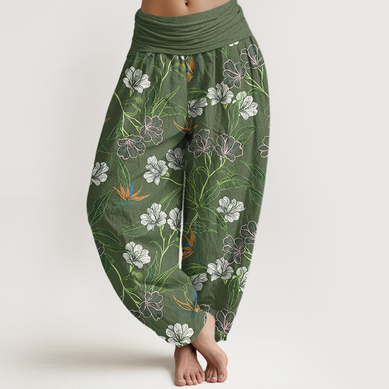 Buddha Stones Cotton Contrasting Colors Flower Leaf Pattern Women's Elastic Waist Harem Pants - OliveDrab - US16，UK/AU20，EU48 (3XL) - image 8
