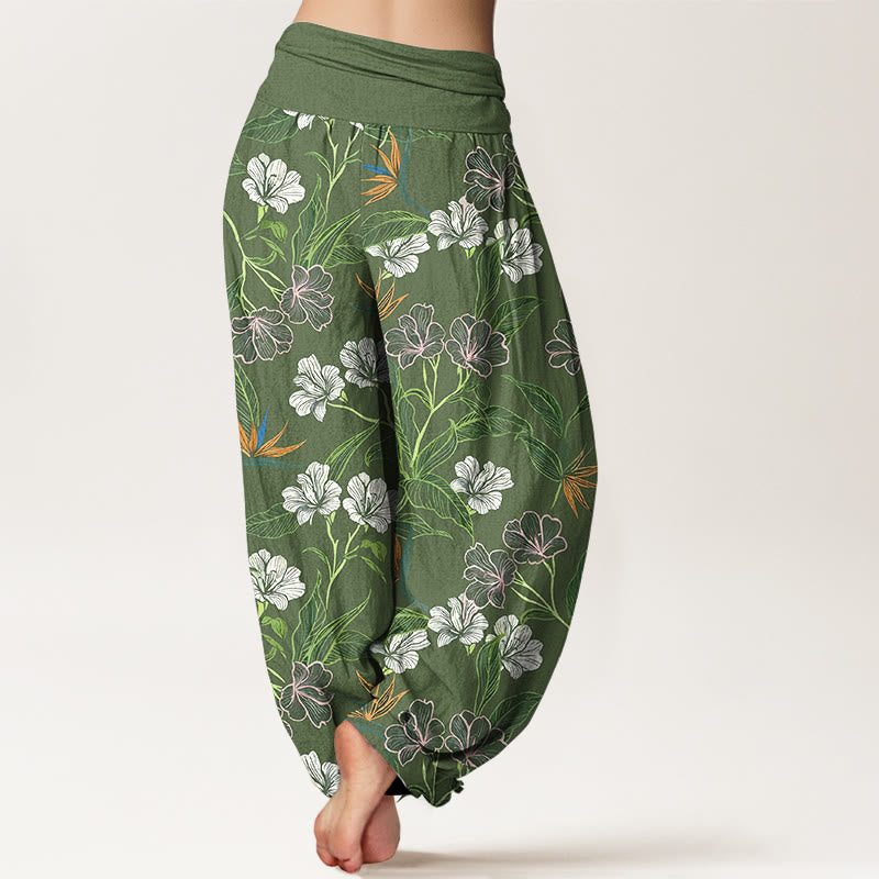 Buddha Stones Cotton Contrasting Colors Flower Leaf Pattern Women's Elastic Waist Harem Pants - image 9