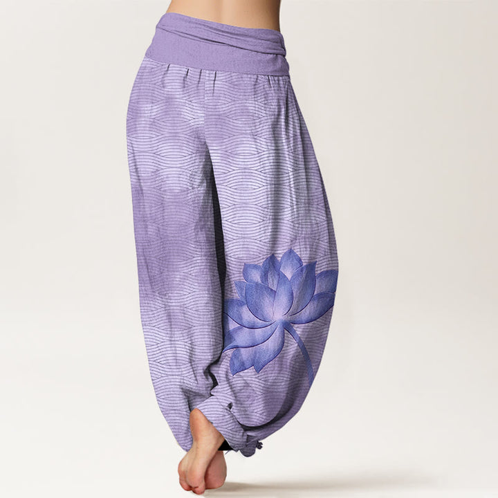 Buddha Stones Cotton Light Color Lotus Wavy Lines Pattern Women's Elastic Waist Harem Pants - image 6