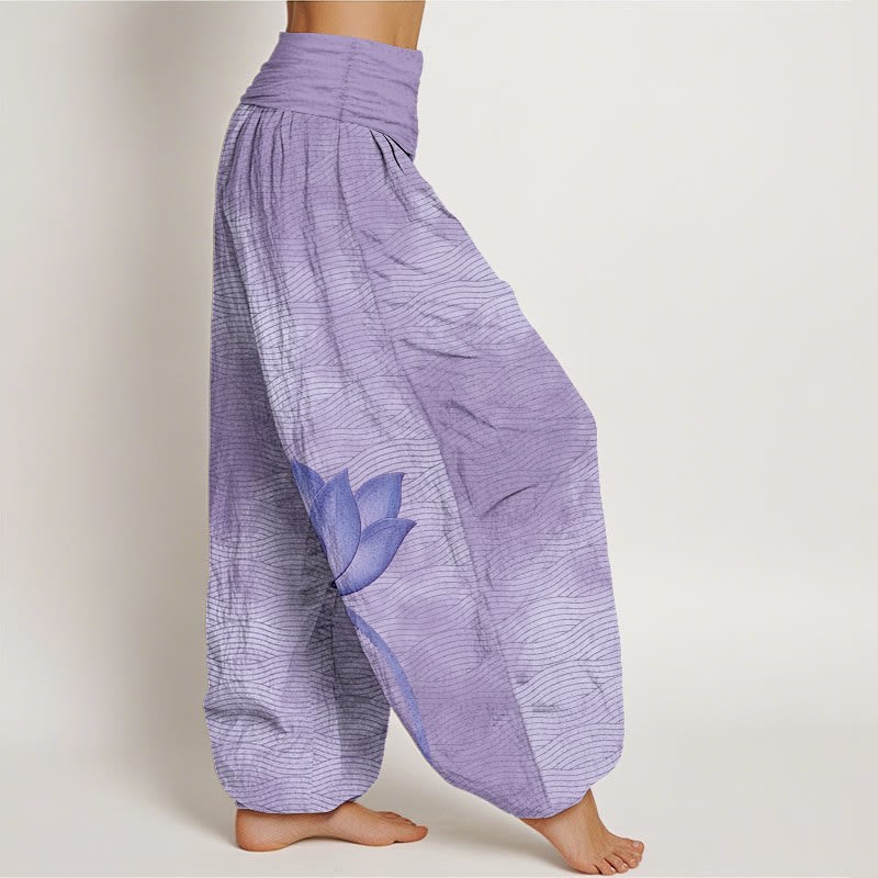 Buddha Stones Cotton Light Color Lotus Wavy Lines Pattern Women's Elastic Waist Harem Pants - image 7