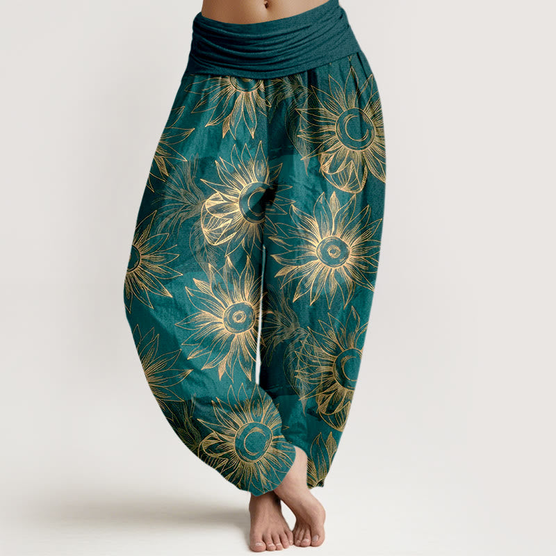 Buddha Stones Cotton Retro Print Flower Pattern Women's Elastic Waist Harem Pants - DarkCyan - US16，UK/AU20，EU48 (3XL) - image 0