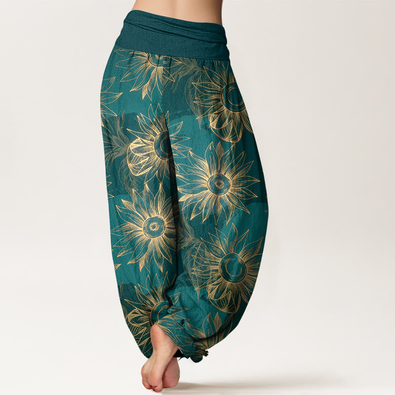 Buddha Stones Cotton Retro Print Flower Pattern Women's Elastic Waist Harem Pants - image 1