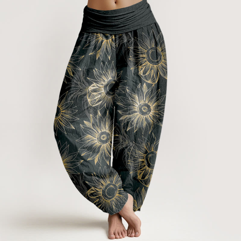 Buddha Stones Cotton Retro Print Flower Pattern Women's Elastic Waist Harem Pants - Black - US16，UK/AU20，EU48 (3XL) - image 5