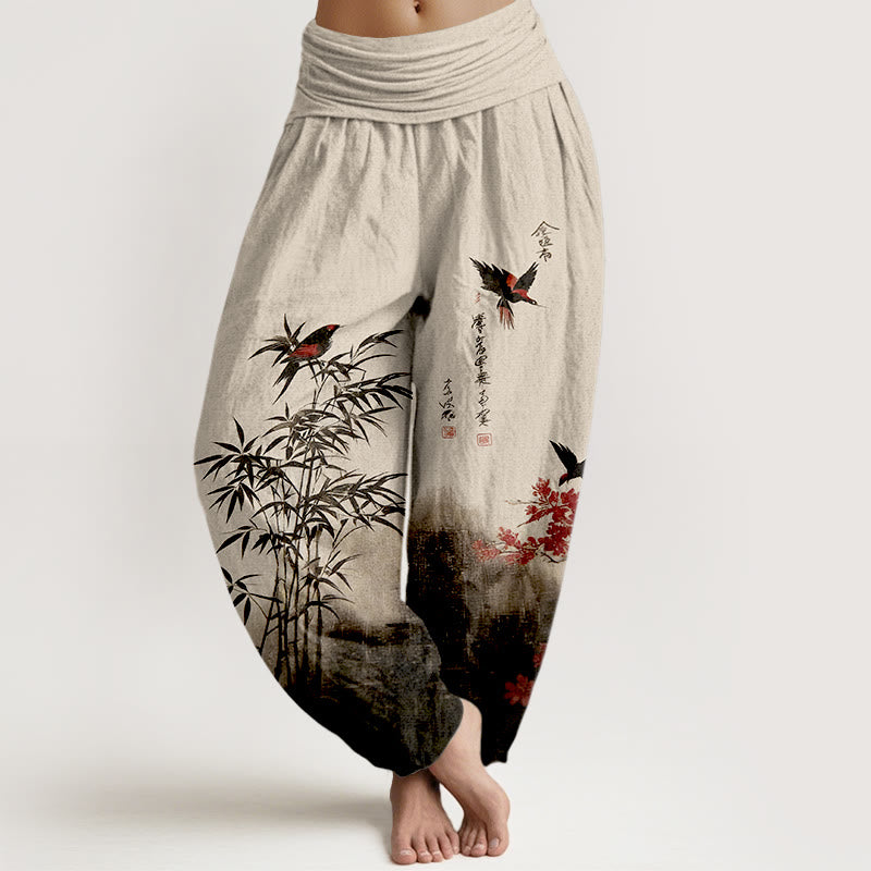 Buddha Stones Cotton Classical Bamboo Bird Flower Pattern Women's Elastic Waist Harem Pants - AntiqueWhite - US16，UK/AU20，EU48 (3XL) - image 0