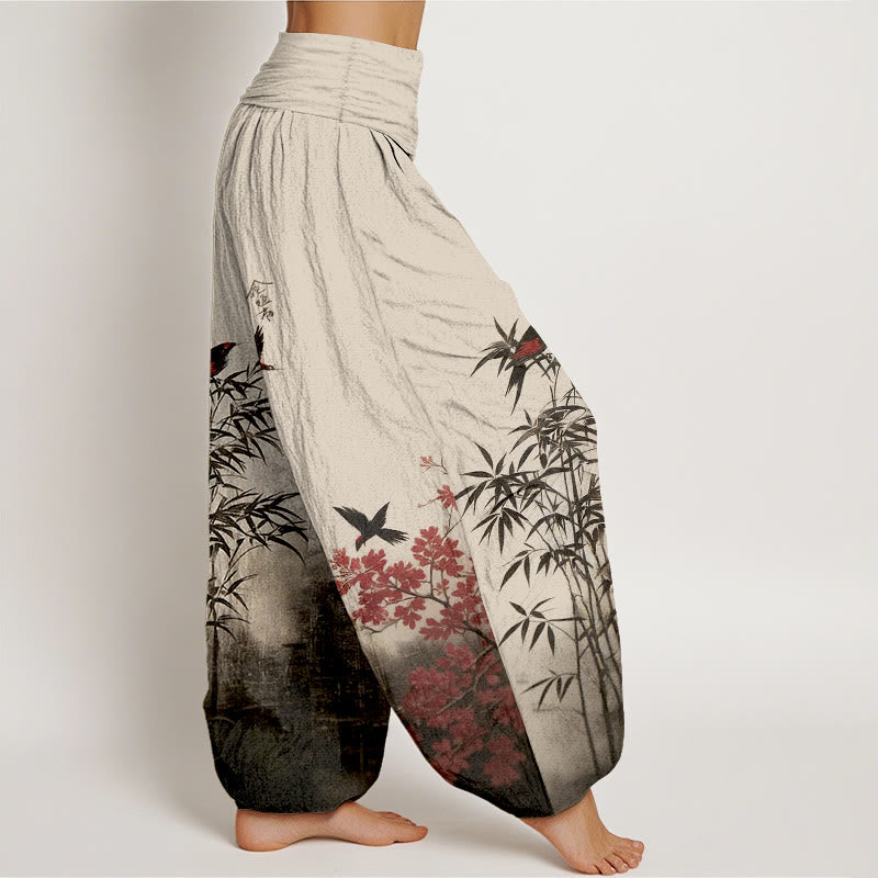 Buddha Stones Cotton Classical Bamboo Bird Flower Pattern Women's Elastic Waist Harem Pants - image 2