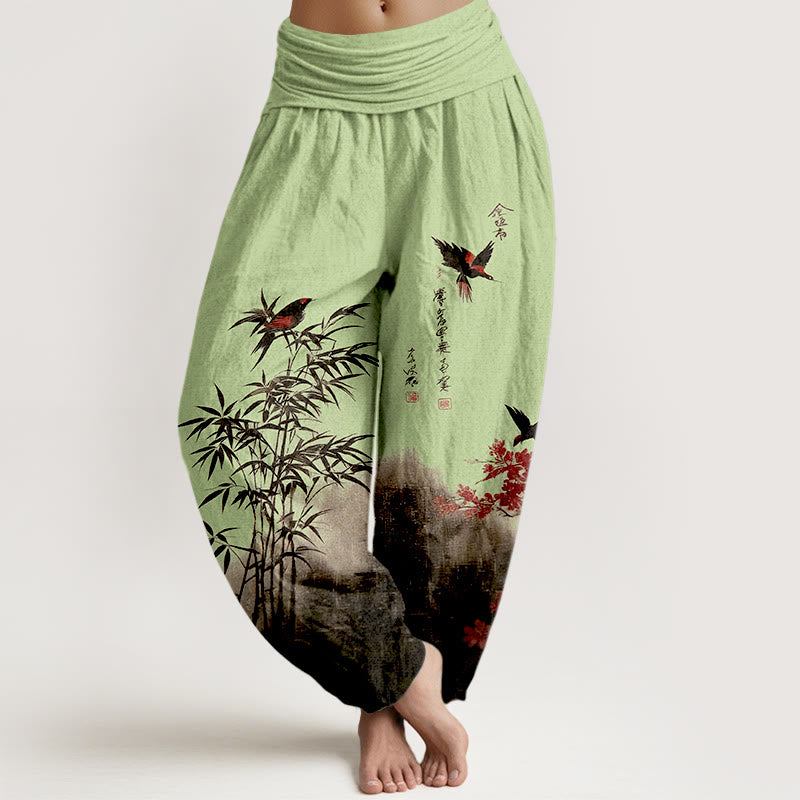 Buddha Stones Cotton Classical Bamboo Bird Flower Pattern Women's Elastic Waist Harem Pants - LightGreen - US16，UK/AU20，EU48 (3XL) - image 5