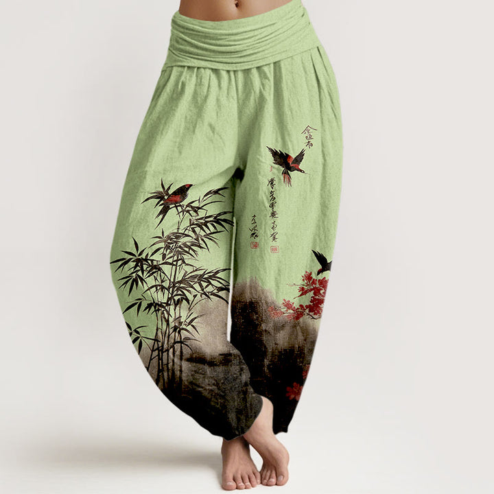 Buddha Stones Cotton Classical Bamboo Bird Flower Pattern Women's Elastic Waist Harem Pants - LightGreen - US16，UK/AU20，EU48 (3XL) - image 5