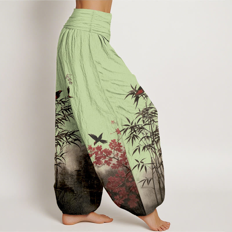 Buddha Stones Cotton Classical Bamboo Bird Flower Pattern Women's Elastic Waist Harem Pants - image 7