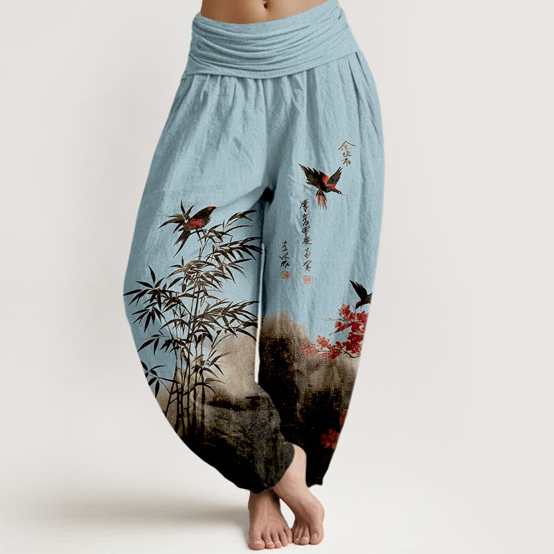 Buddha Stones Cotton Classical Bamboo Bird Flower Pattern Women's Elastic Waist Harem Pants - LightSkyBlue - US16，UK/AU20，EU48 (3XL) - image 8