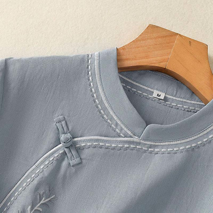 Buddha Stones Summer Stand Collar Short Sleeve Plain Women's  Frog-Button Cotton Shirt With Pocket - image 4