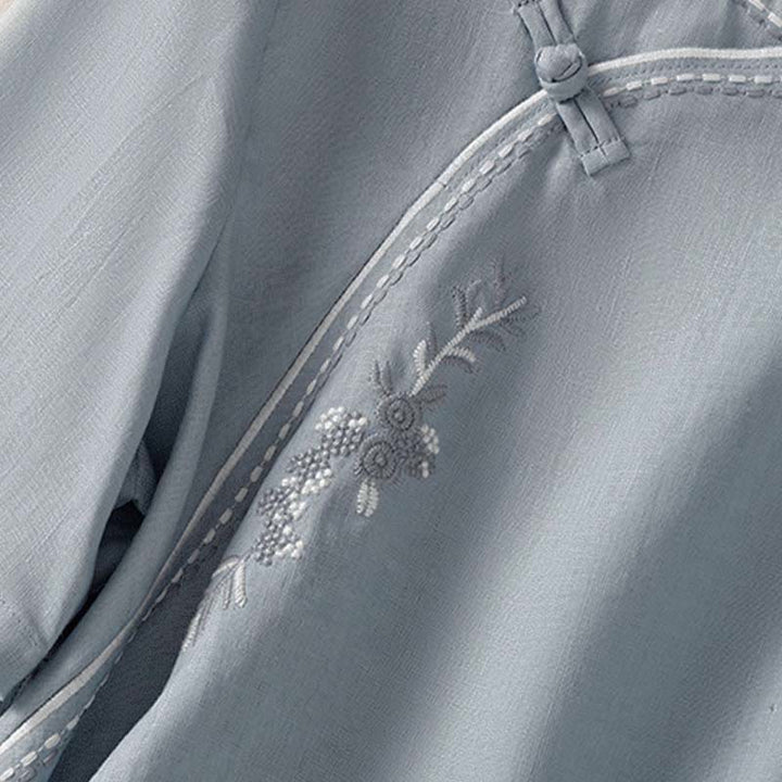 Buddha Stones Summer Stand Collar Short Sleeve Plain Women's  Frog-Button Cotton Shirt With Pocket - image 6