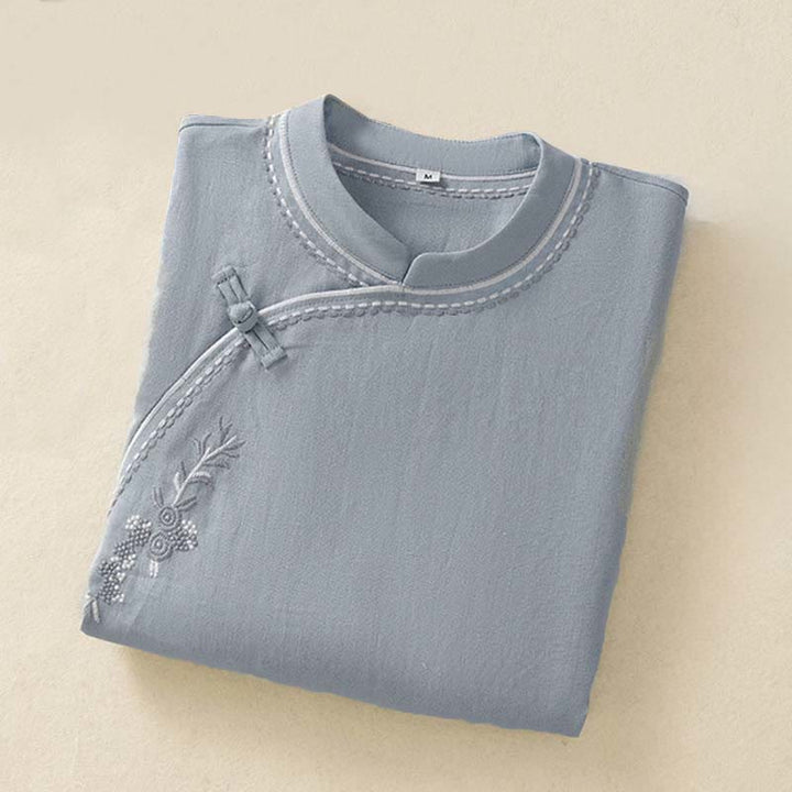 Buddha Stones Summer Stand Collar Short Sleeve Plain Women's  Frog-Button Cotton Shirt With Pocket - image 1