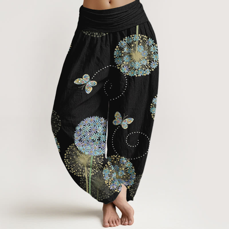 Buddha Stones Cotton Dreamlike Dandelion Butterfly Pattern Women's Elastic Waist Harem Pants - Black - US16，UK/AU20，EU48 (3XL) - image 0