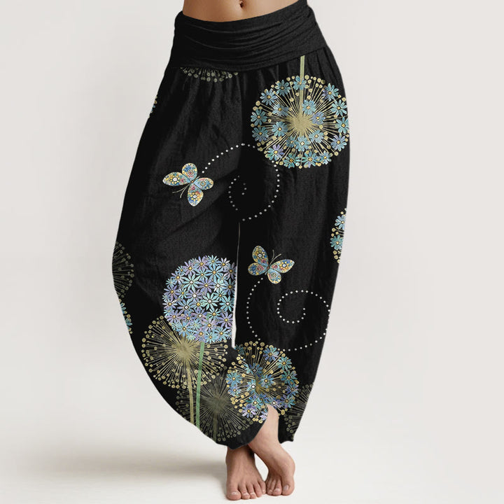 Buddha Stones Cotton Dreamlike Dandelion Butterfly Pattern Women's Elastic Waist Harem Pants - Black - US16，UK/AU20，EU48 (3XL) - image 0