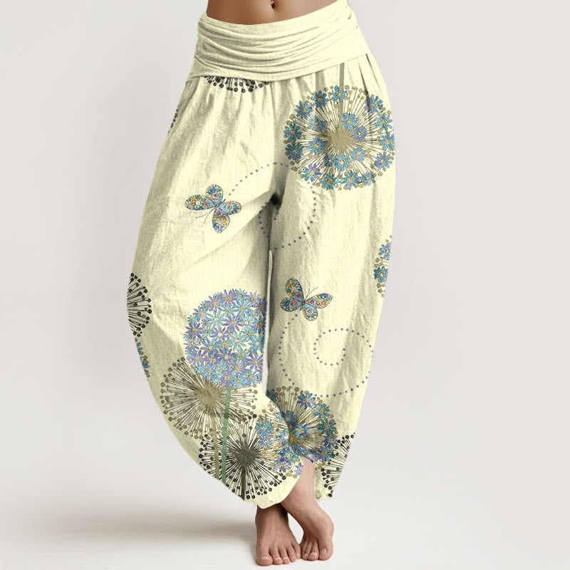 Buddha Stones Cotton Dreamlike Dandelion Butterfly Pattern Women's Elastic Waist Harem Pants - LemonChiffon - US16，UK/AU20，EU48 (3XL) - image 5