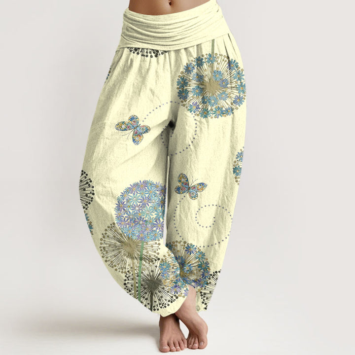 Buddha Stones Cotton Dreamlike Dandelion Butterfly Pattern Women's Elastic Waist Harem Pants - LemonChiffon - US16，UK/AU20，EU48 (3XL) - image 5