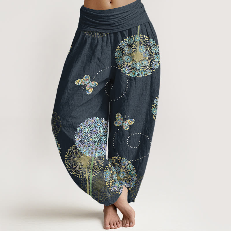 Buddha Stones Cotton Dreamlike Dandelion Butterfly Pattern Women's Elastic Waist Harem Pants - DarkSlateGray - US16，UK/AU20，EU48 (3XL) - image 8