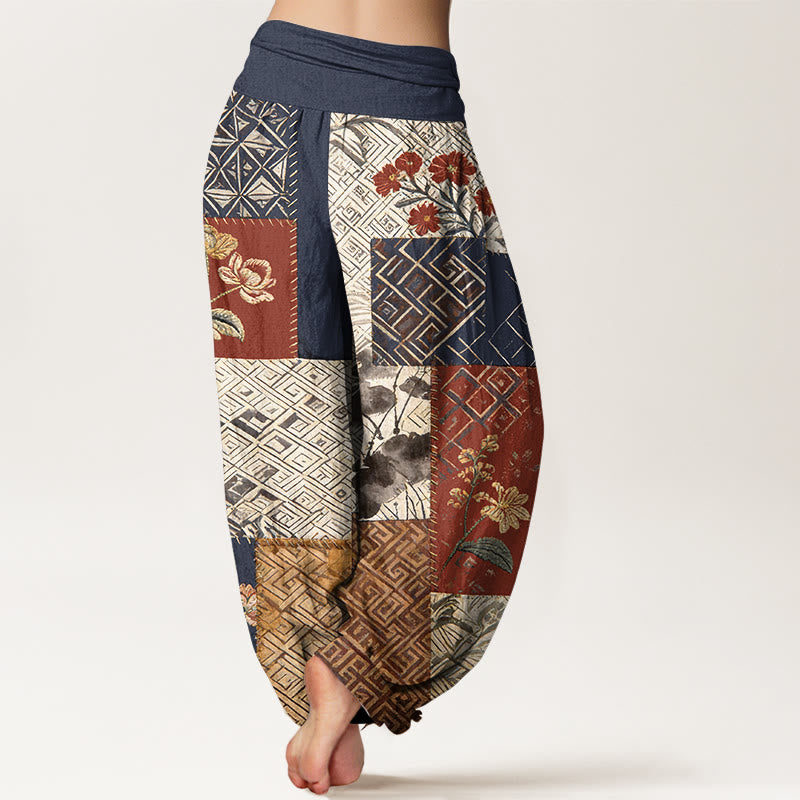 Buddha Stones Cotton Color Blocking Design Flower Geometry Pattern Women's Elastic Waist Harem Pants - image 1