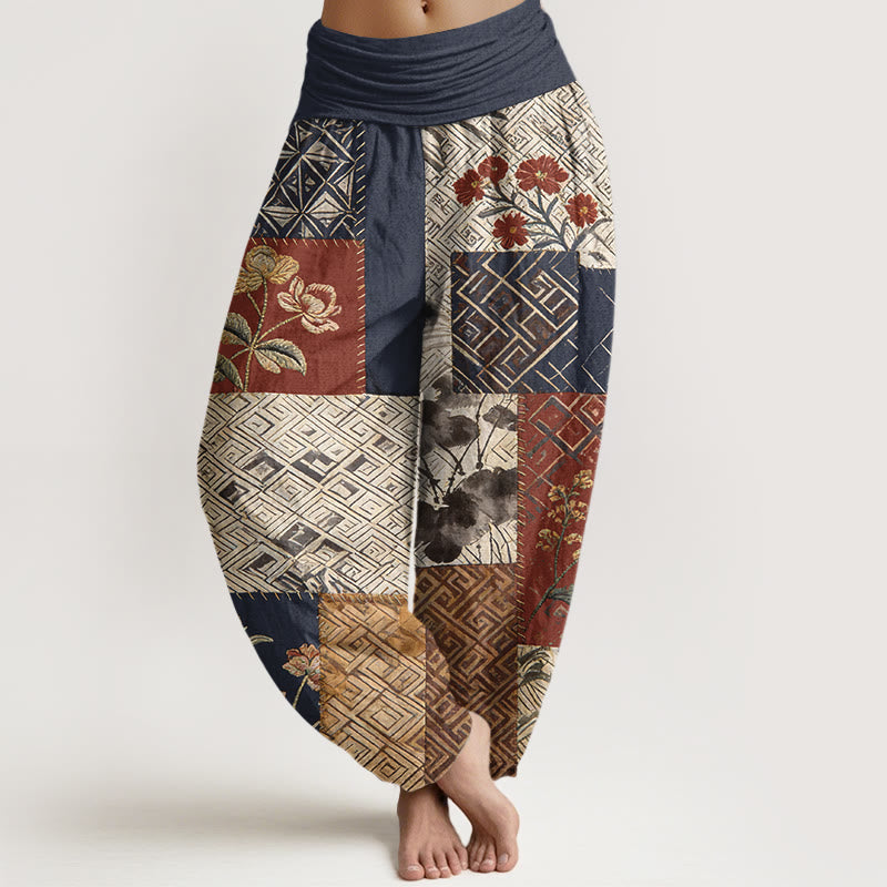 Buddha Stones Cotton Color Blocking Design Flower Geometry Pattern Women's Elastic Waist Harem Pants - MidnightBlue - US16，UK/AU20，EU48 (3XL) - image 0